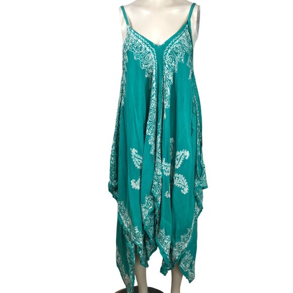SAKKAS - WOMEN'S L/XL -GREEN EMBROIDERED BOHO HIPPIE V NECK RAYON DRESS - Picture 1 of 8